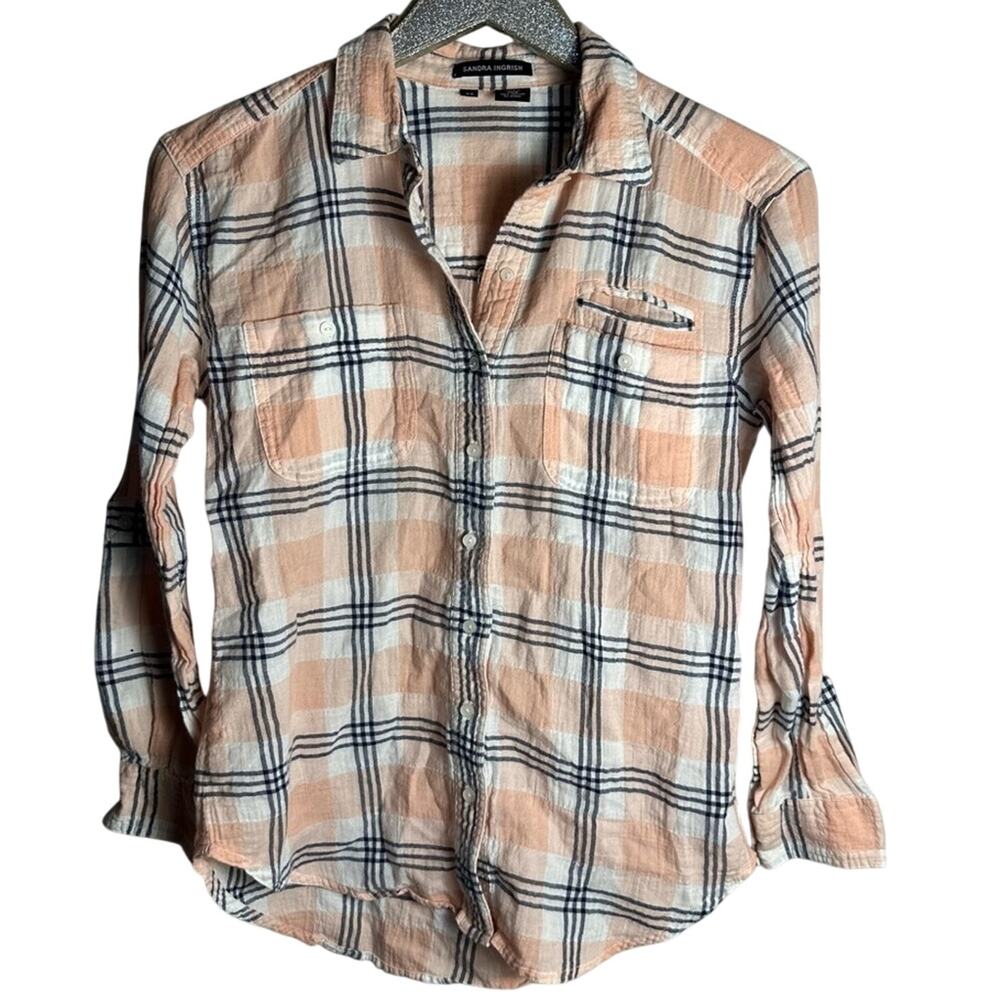Sandra Ingrish Peach Plaid Button Down Cotton Top